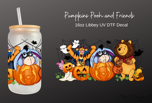 Pumpkins Pooh and Friends Wrap [UV DTF - 16oz Libbey Glass Can] | Ready to Apply | Physical Product | Transfer