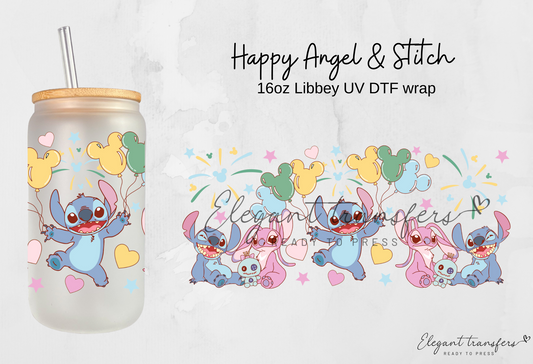 Happy Angel & Stitch wrap [UV DTF - 16oz Libbey Glass Can] | Ready to Apply | Physical Product