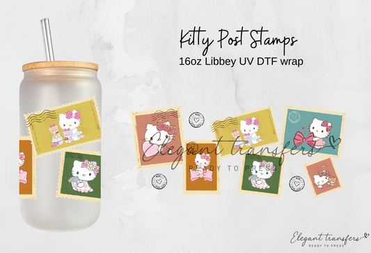 Kitty Post Stamps wrap [UV DTF - 16oz Libbey Glass Can] | Ready to Apply | Physical Product