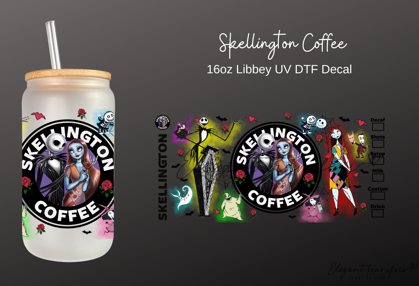 Skellington Coffee Wrap [UV DTF - 16oz Libbey Glass Can] | Ready to Apply | Physical Product | Transfer