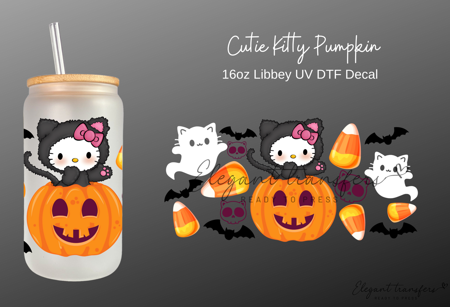 Cutie Kitty Pumpkin Wrap [UV DTF - 16oz Libbey Glass Can] | Ready to Apply | Physical Product | Transfer