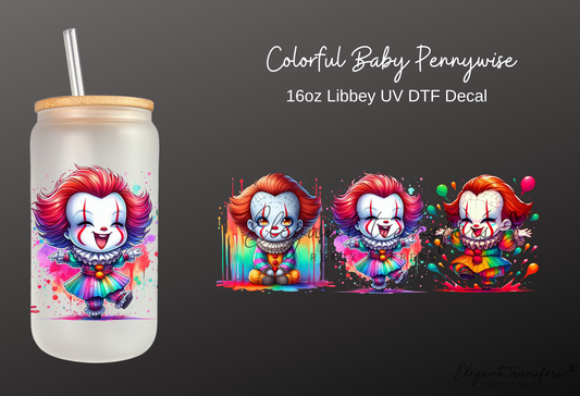 Colorful Baby Pennywise Wrap [UV DTF - 16oz Libbey Glass Can] | Ready to Apply | Physical Product | Transfer