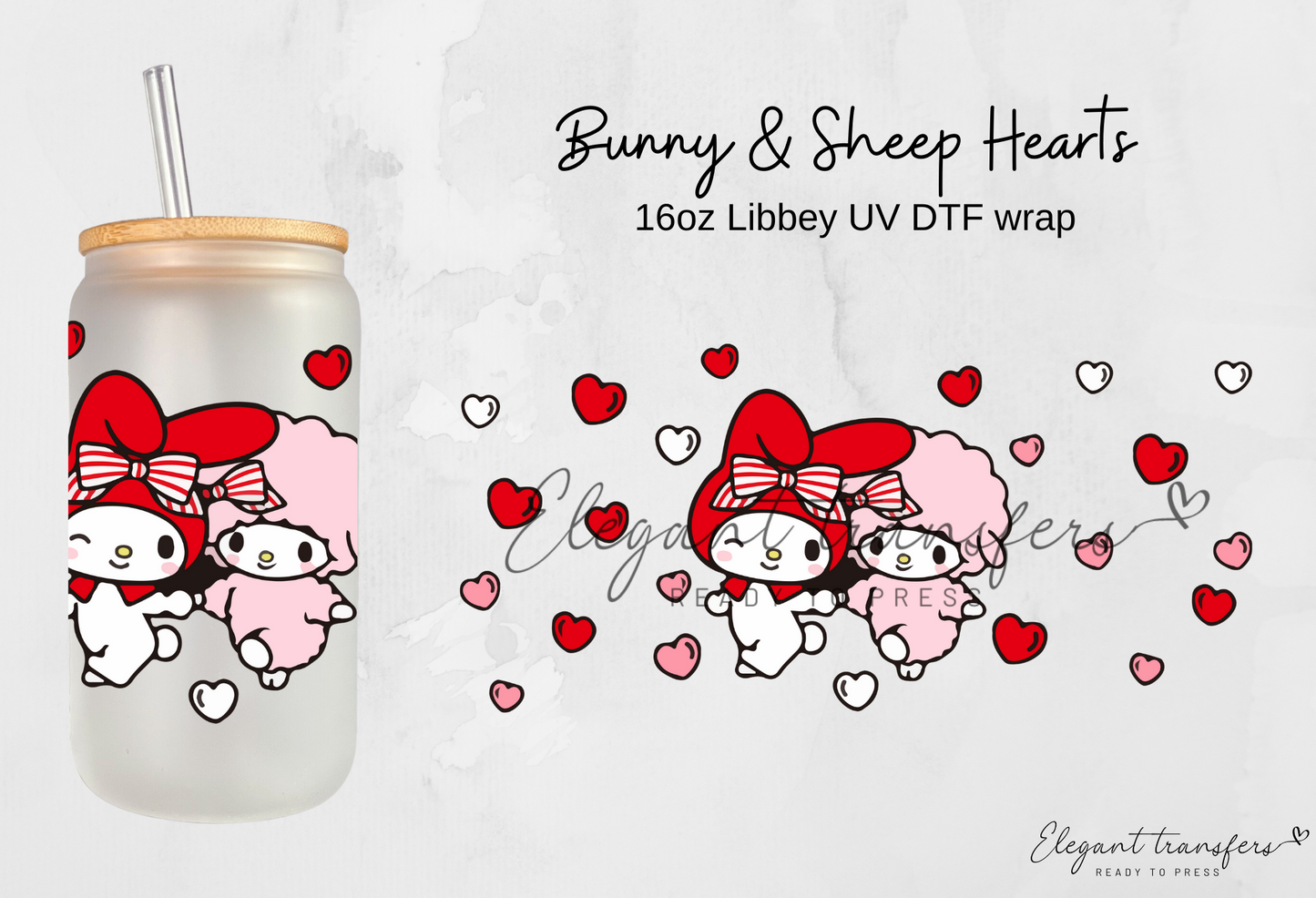 Bunny & Sheep Hearts wrap [UV DTF - 16oz Libbey Glass Can] | Ready to Apply | Physical Product