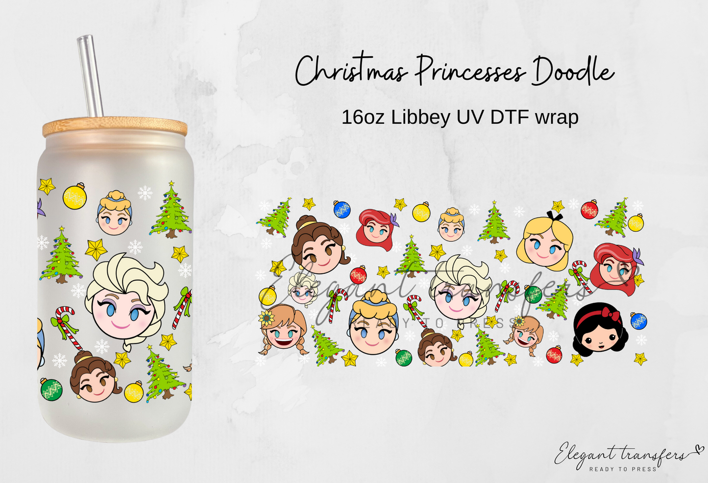 Christmas Princesses Doodle Wrap [UV DTF - 16oz Libbey Glass Can] | Ready to Apply | Physical Product