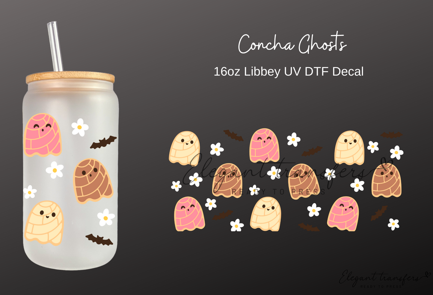 Concha Ghosts Wrap [UV DTF - 16oz Libbey Glass Can] | Ready to Apply | Physical Product | Transfer