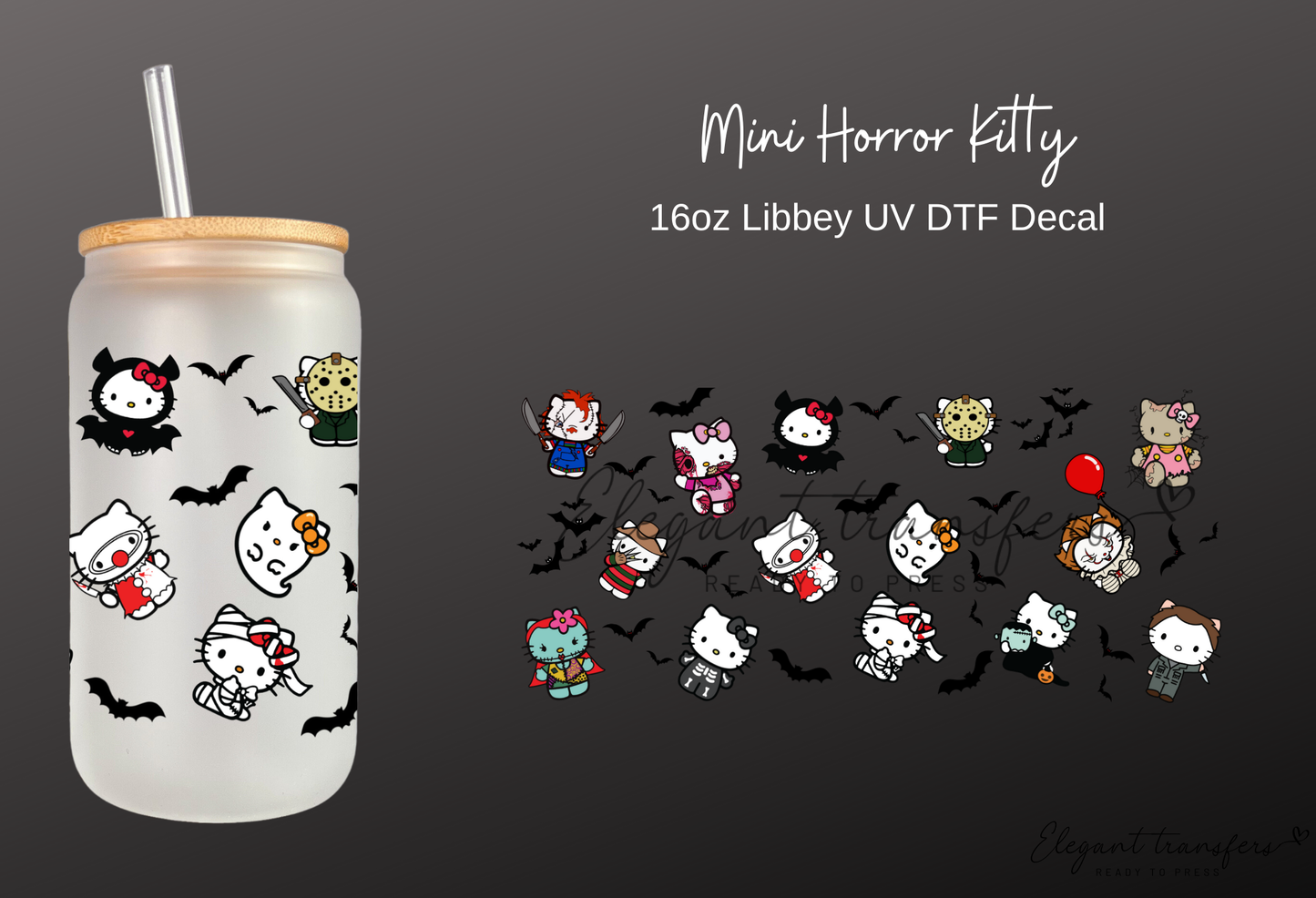 Mini Horror Kitty Wrap [UV DTF - 16oz Libbey Glass Can] | Ready to Apply | Physical Product | Transfer