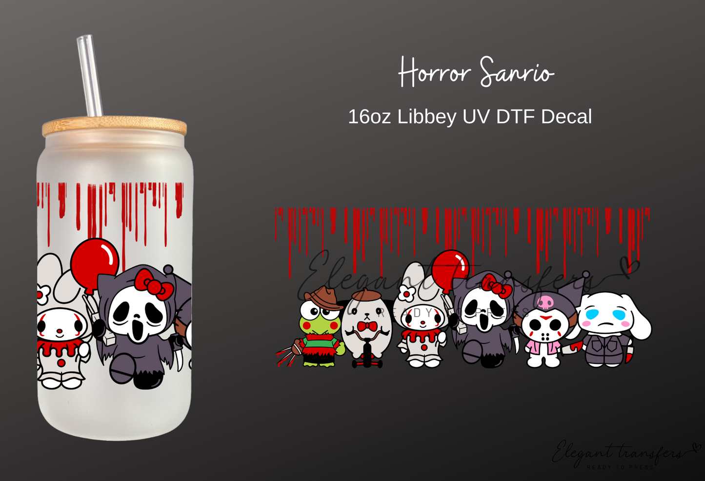 Horror Sanrio Wrap [UV DTF - 16oz Libbey Glass Can] | Ready to Apply | Physical Product | Transfer