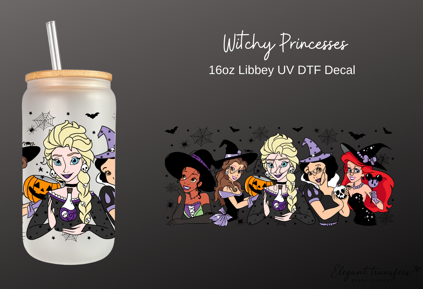 Witchy Princesses Wrap [UV DTF - 16oz Libbey Glass Can] | Ready to Apply | Physical Product | Transfer