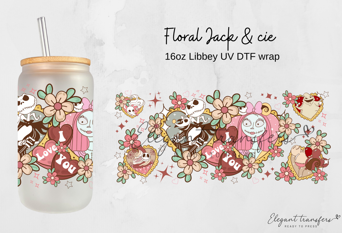 Floral Jack & cie wrap [UV DTF - 16oz Libbey Glass Can] | Ready to Apply | Physical Product