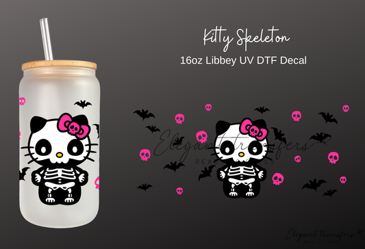 Kitty Skeleton Wrap [UV DTF - 16oz Libbey Glass Can] | Ready to Apply | Physical Product | Transfer
