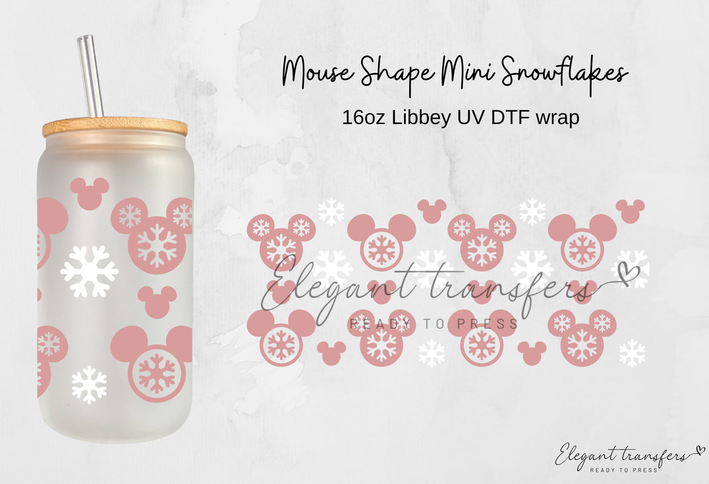 Mouse Shape Mini Snowflakes Wrap [UV DTF - 16oz Libbey Glass Can] | Ready to Apply | Physical Item