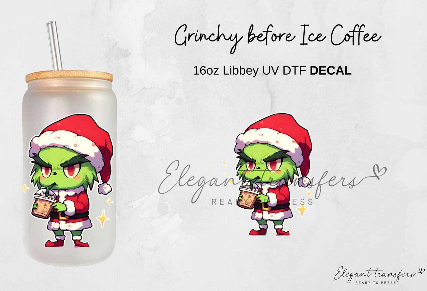 Grinch & Coffee Decals Collection [EXCLUSIVE UV DTF - 16oz Glass Can] | Ready to Apply | Physical Item