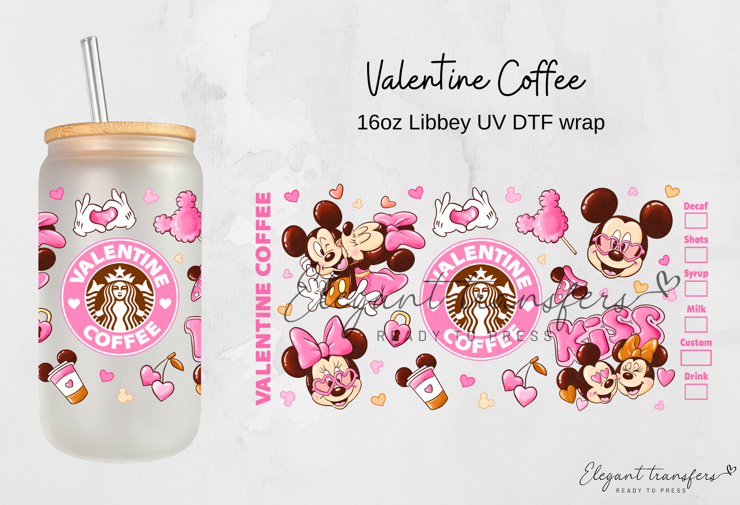 Valentine Coffee wrap [UV DTF - 16oz Libbey Glass Can] | Ready to Apply | Physical Product