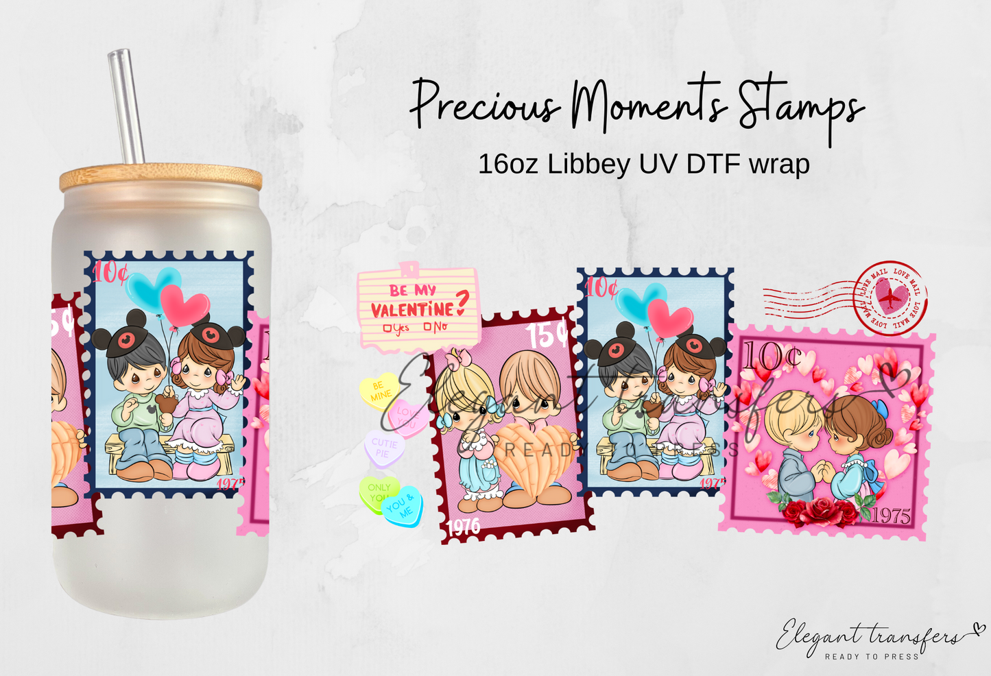 Precious Moments Stamps wrap [UV DTF - 16oz Libbey Glass Can] | Ready to Apply | Physical Product