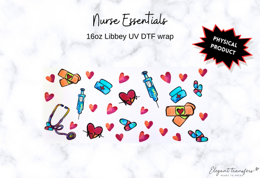 Nurse Essentials Wrap [UV DTF - 16oz Libbey Glass Can] | Ready to Apply | Physical Product | Transfer