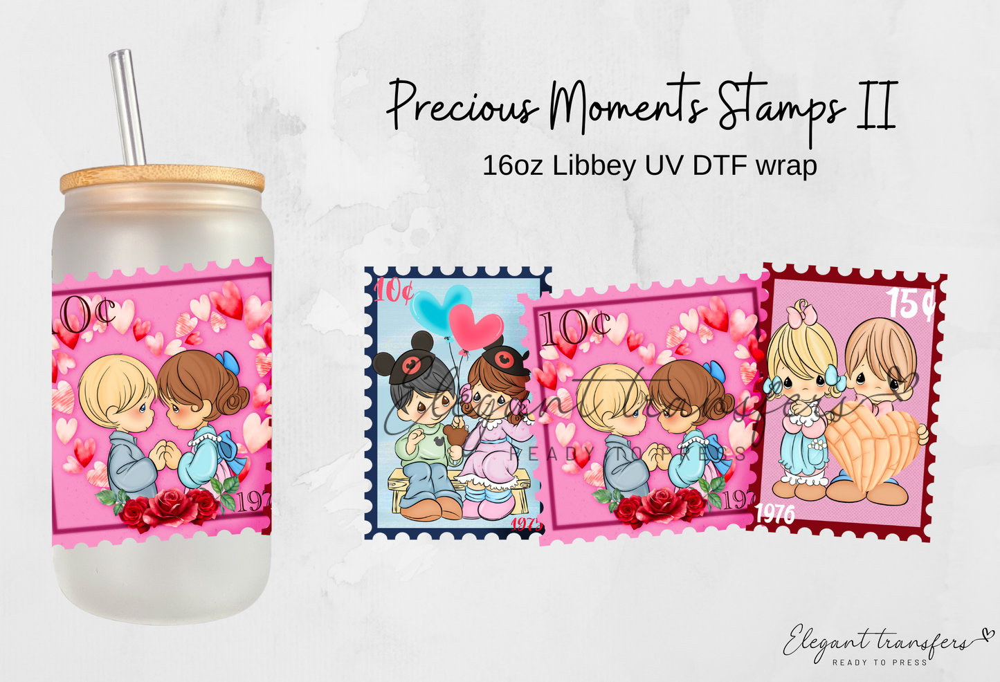 Precious Moments Stamps II wrap [UV DTF - 16oz Libbey Glass Can] | Ready to Apply | Physical Product