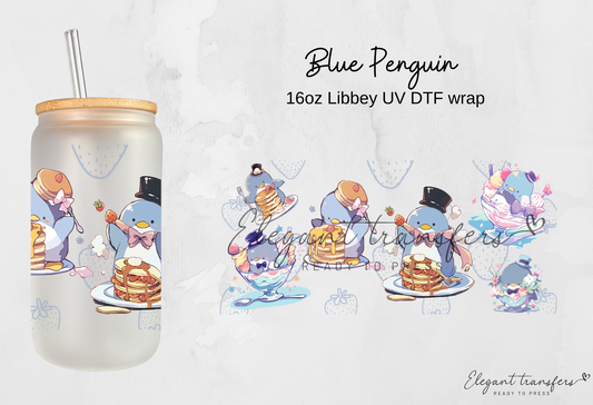 Blue Penguin wrap [UV DTF - 16oz Libbey Glass Can] | Ready to Apply | Physical Product