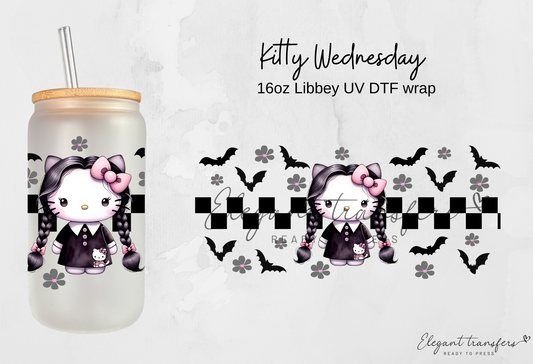 Kitty Wednesday wrap [UV DTF - 16oz Libbey Glass Can] | Ready to Apply | Physical Product