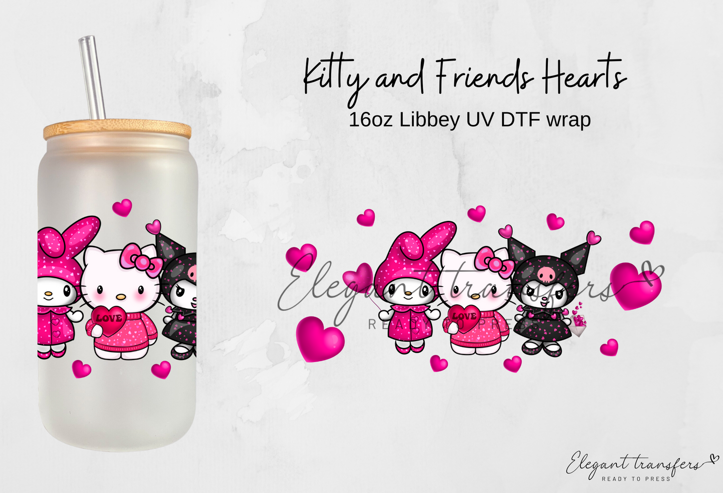 Kitty and Friends Hearts wrap [UV DTF - 16oz Libbey Glass Can] | Ready to Apply | Physical Product