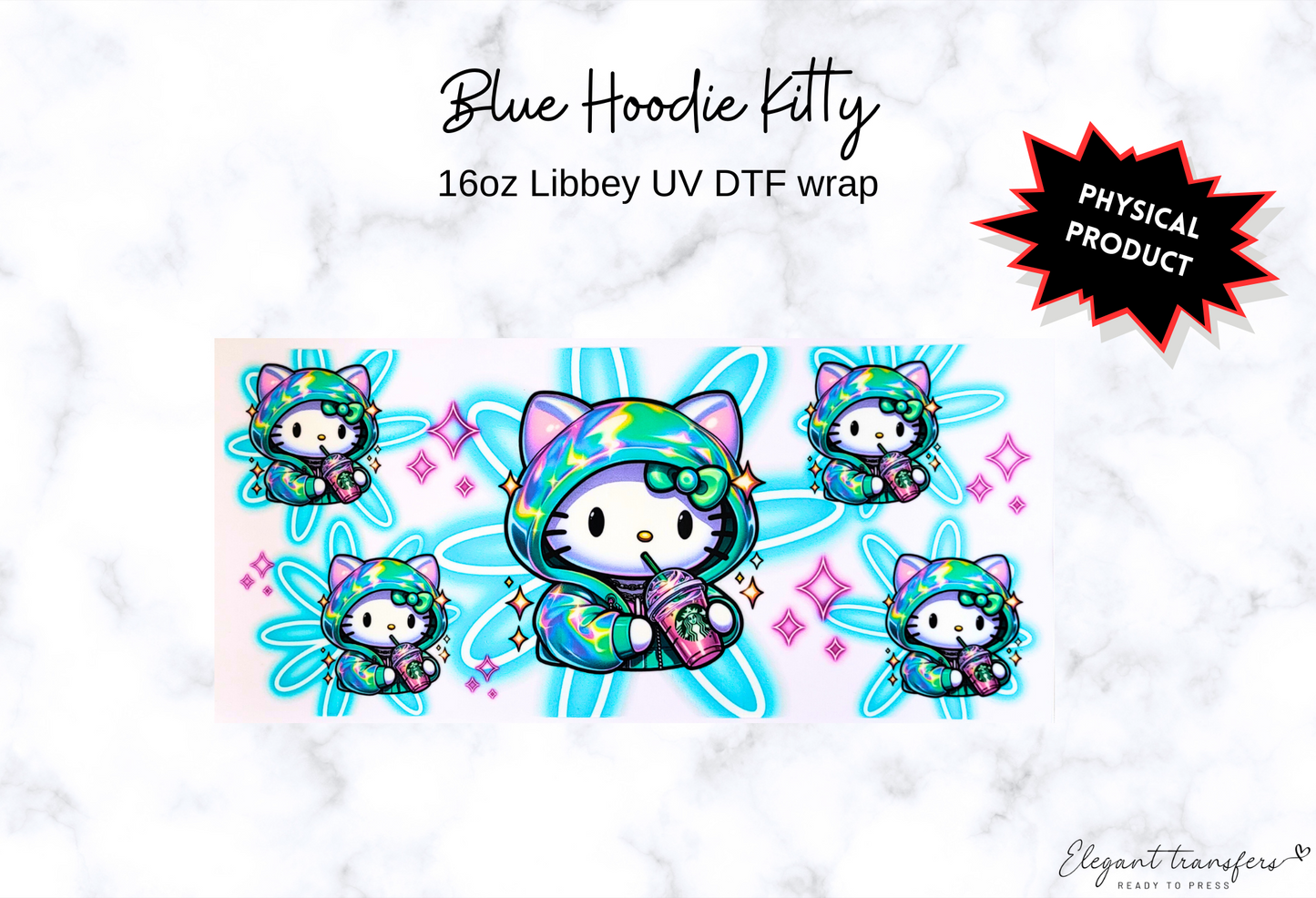 Blue Hoodie Kitty Wrap [UV DTF - 16oz Libbey Glass Can] | Ready to Apply | Physical Product | Transfer