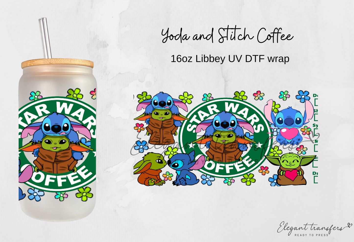 Yoda & Stitch Coffee Wrap [UV DTF - 16oz Libbey Glass Can] | Ready to Apply | Physical Item