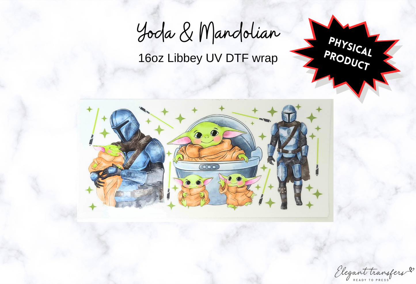 Yoda & Mandolian Wrap [UV DTF - 16oz Libbey Glass Can] | Ready to Apply | Physical Product | Transfer