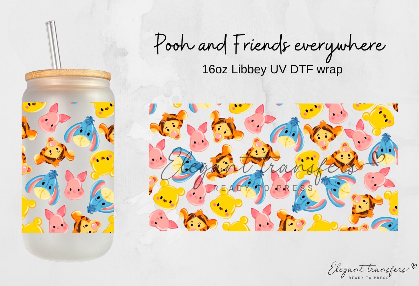 Pooh and Friends everywhere wrap [UV DTF - 16oz Libbey Glass Can] | Ready to Apply | Physical Product