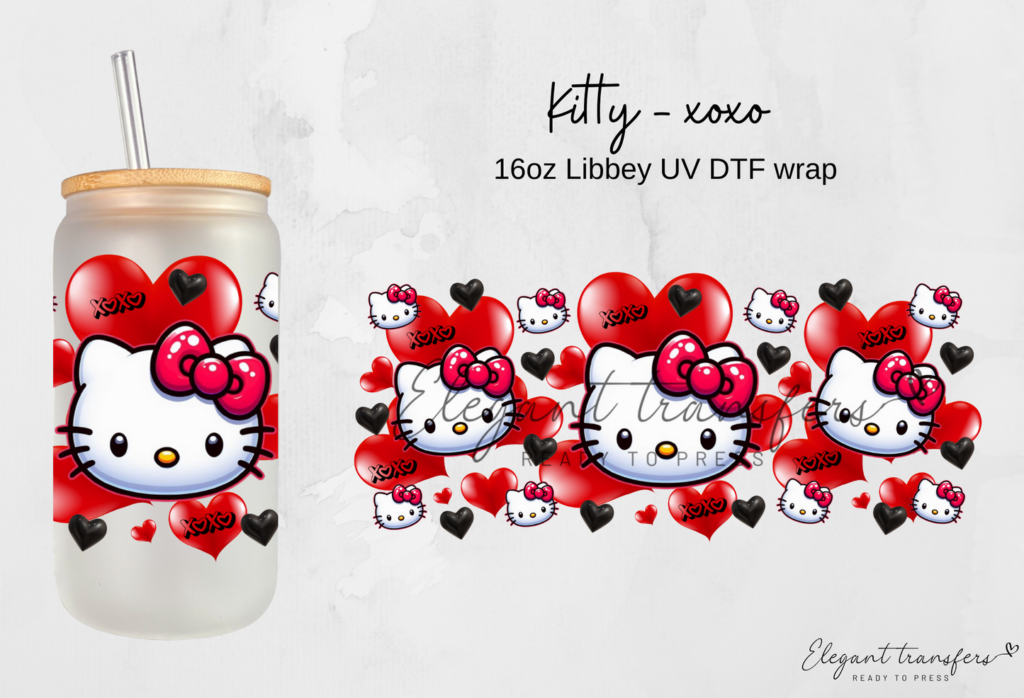 Kitty - xoxo wrap [UV DTF - 16oz Libbey Glass Can] | Ready to Apply | Physical Product