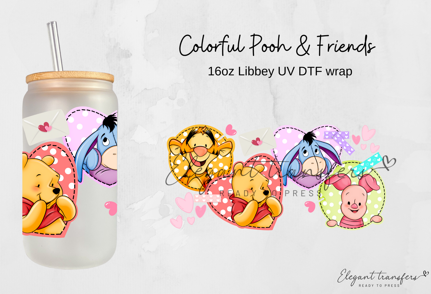 Colorful Pooh & Friends wrap [UV DTF - 16oz Libbey Glass Can] | Ready to Apply | Physical Product
