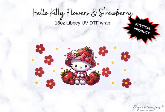 Hello Kitty Flowers & Strawberry Wrap [UV DTF - 16oz Libbey Glass Can] | Ready to Apply | Physical Product | Transfer