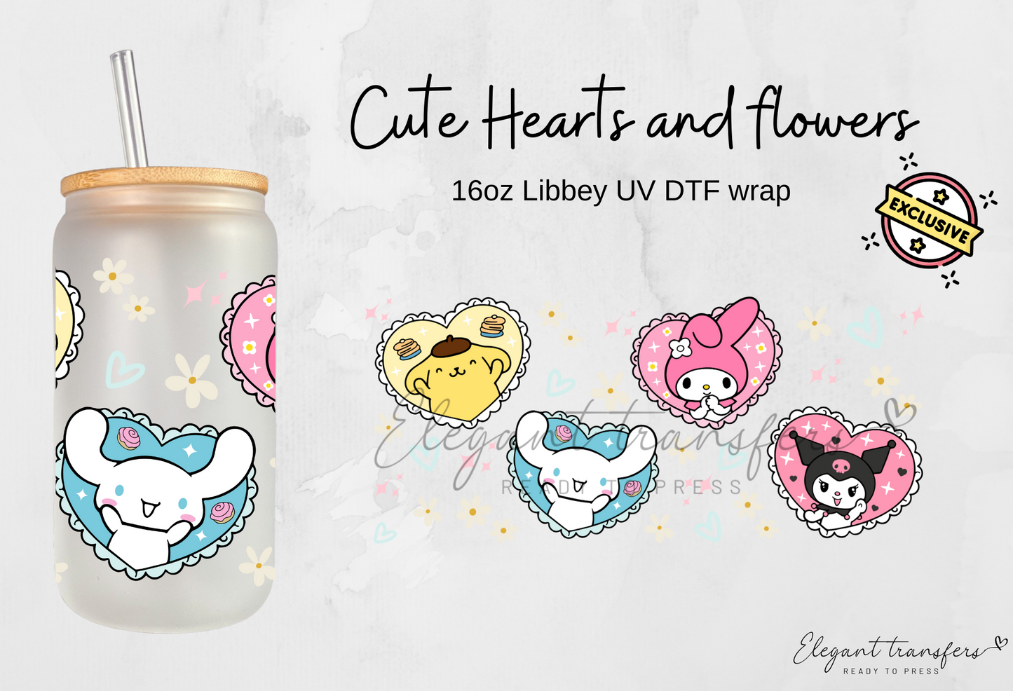 Cute Hearts and flowers Cup Wrap [UV DTF - 16oz Libbey Glass Can] | Ready to Apply | Physical Product | Transfer