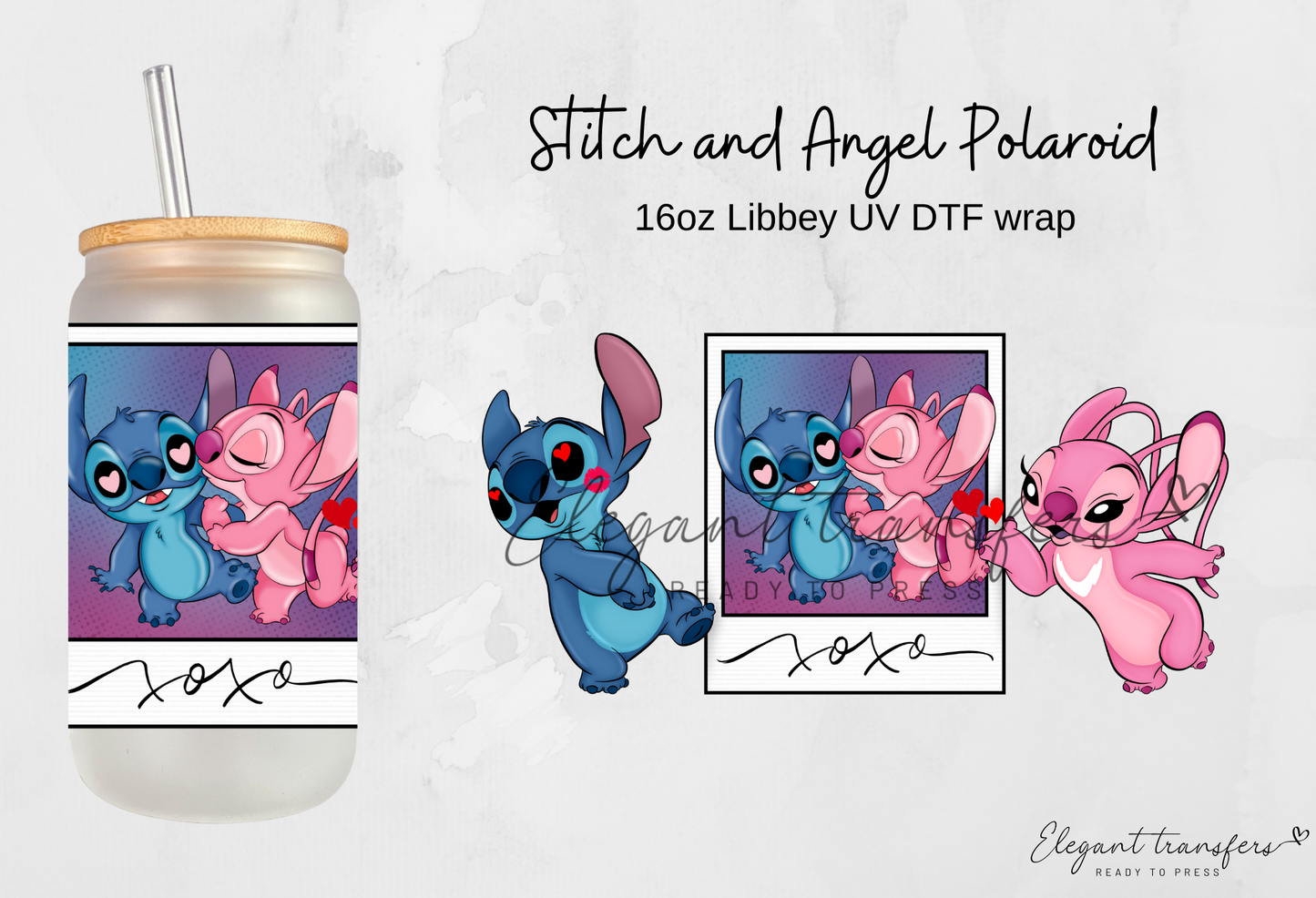 Stitch and Angel Polaroid wrap [UV DTF - 16oz Libbey Glass Can] | Ready to Apply | Physical Product