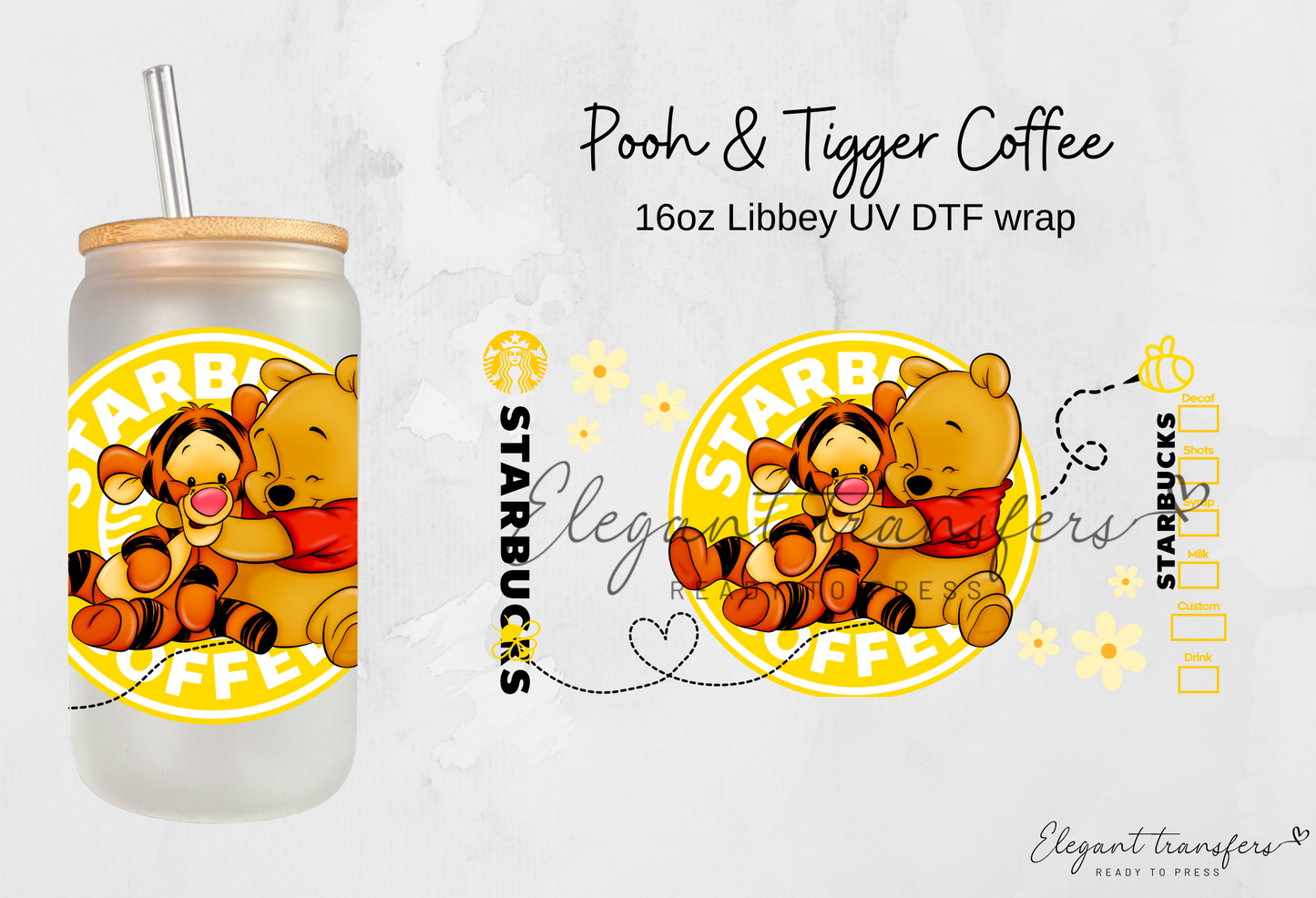 Pooh & Tigger Coffee wrap [UV DTF - 16oz Libbey Glass Can] | Ready to Apply | Physical Product