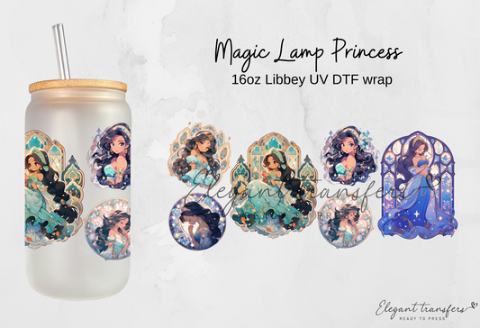 Magic Lamp Princess wrap [UV DTF - 16oz Libbey Glass Can] | Ready to Apply | Physical Product