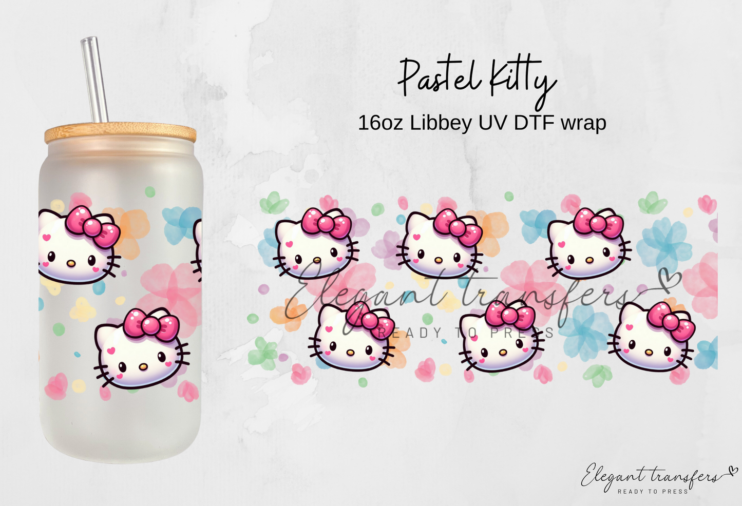 Pastel Kitty wrap [UV DTF - 16oz Libbey Glass Can] | Ready to Apply | Physical Product