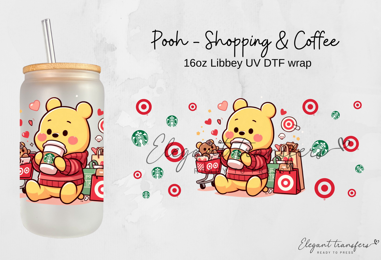 Pooh - Shopping & Coffee wrap [UV DTF - 16oz Libbey Glass Can] | Ready to Apply | Physical Product