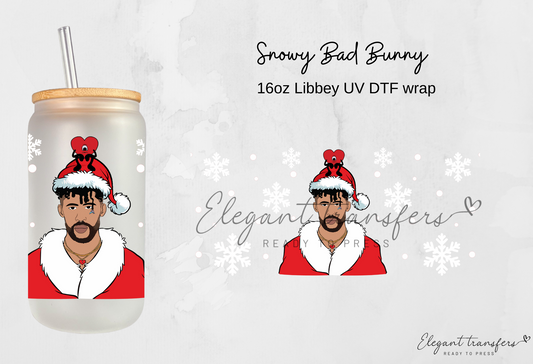 Snowy Bad Bunny Wrap [UV DTF - 16oz Libbey Glass Can] | Ready to Apply | Physical Product | Transfer |