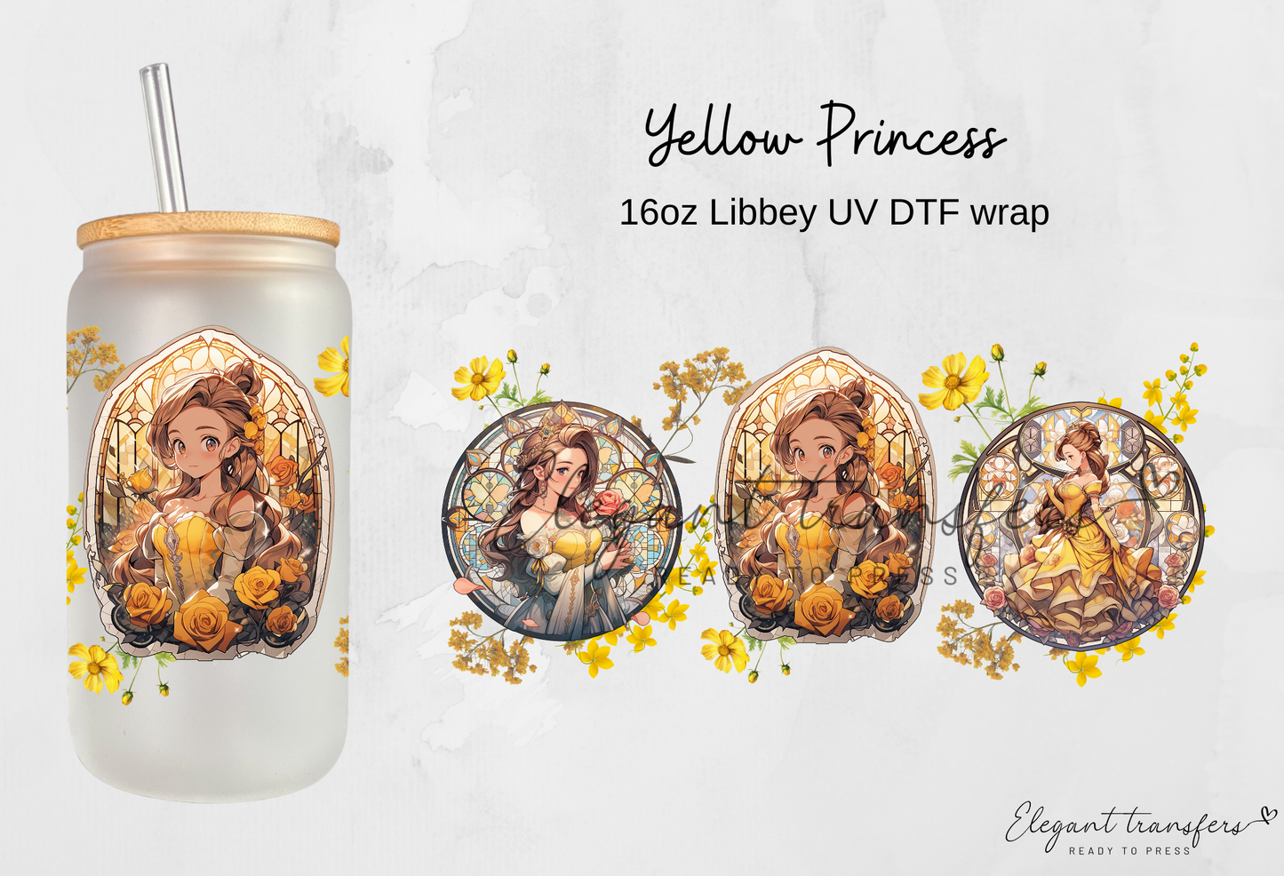 Yellow Princess wrap [UV DTF - 16oz Libbey Glass Can] | Ready to Apply | Physical Product