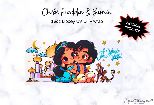 Chibi Aladdin & Yasmin Wrap [UV DTF - 16oz Libbey Glass Can] | Ready to Apply | Physical Product | Transfer