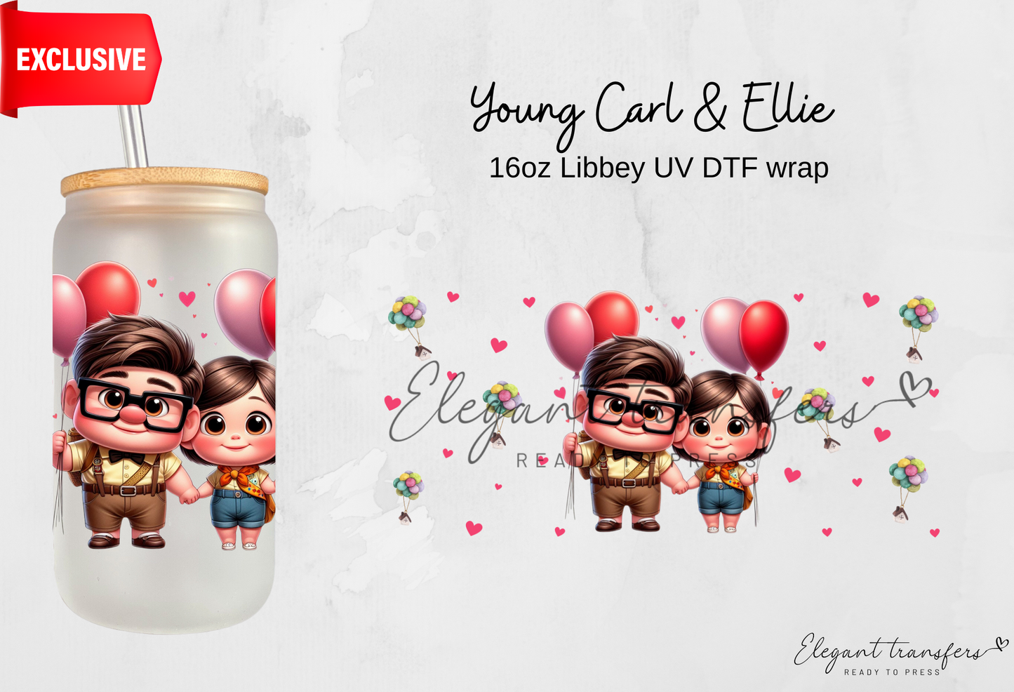 Young Carl & Ellie wrap [EXCLUSIVE UV DTF - 16oz Libbey Glass Can] | Ready to Apply | Physical Product