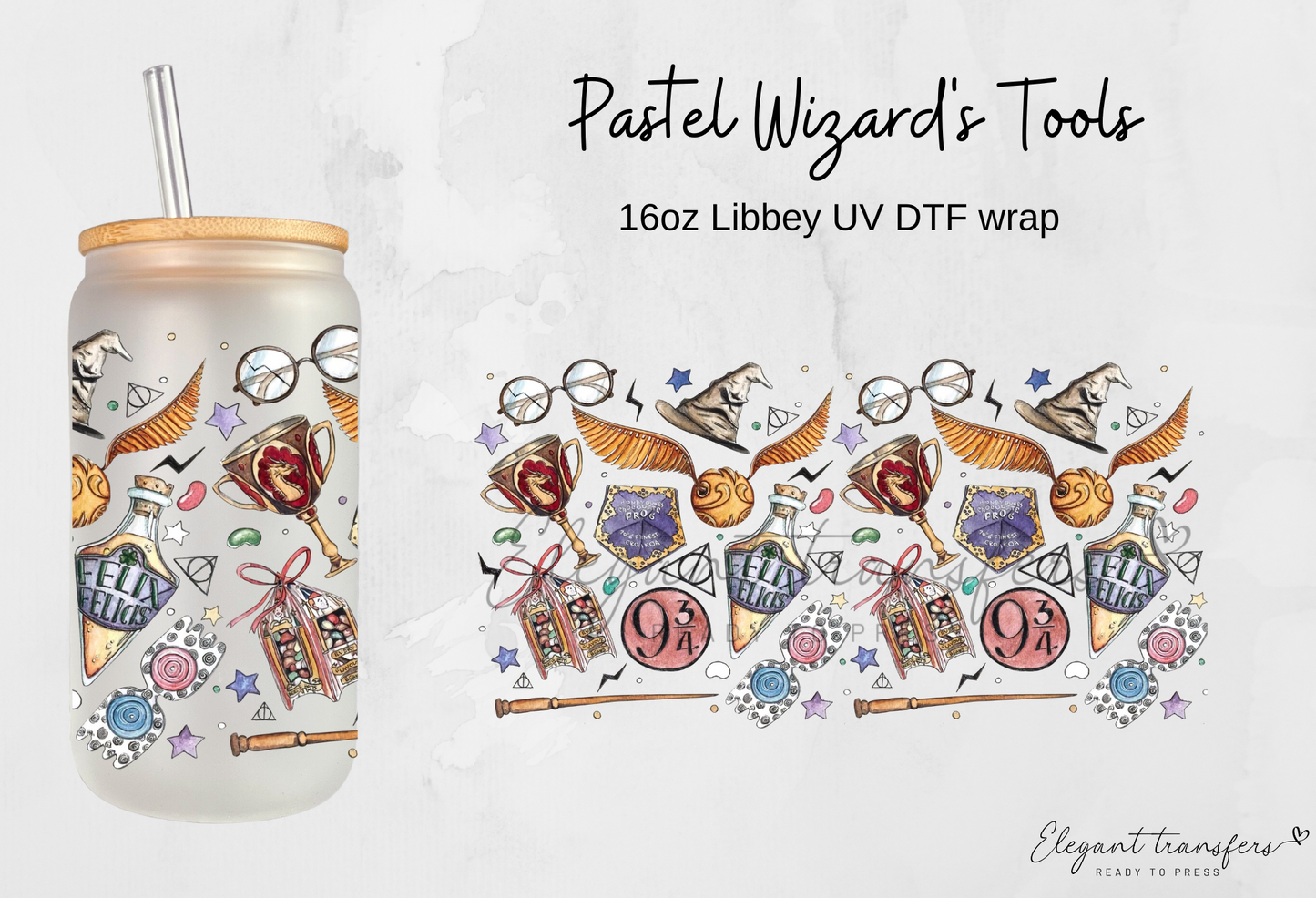 Pastel Wizard's Tools Wrap [UV DTF - 16oz Libbey Glass Can] | Ready to Apply | Physical Item