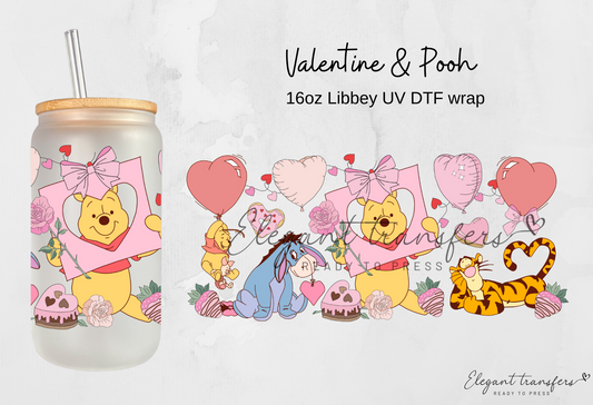 Valentine & Pooh wrap [UV DTF - 16oz Libbey Glass Can] | Ready to Apply | Physical Product