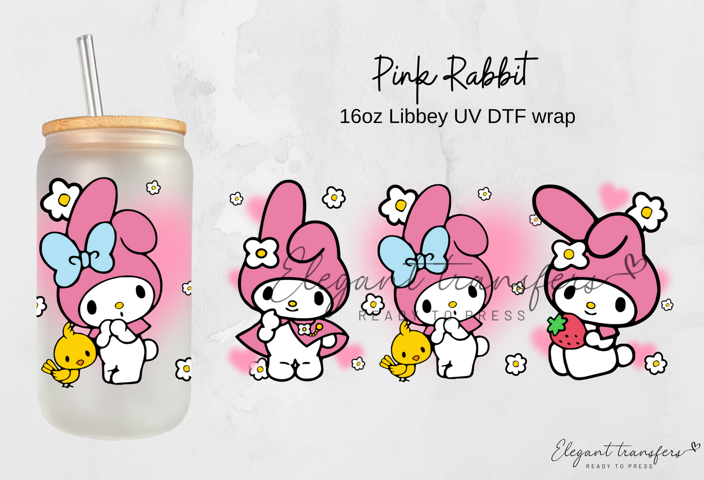 Pink Rabbit wrap [UV DTF - 16oz Libbey Glass Can] | Ready to Apply | Physical Product