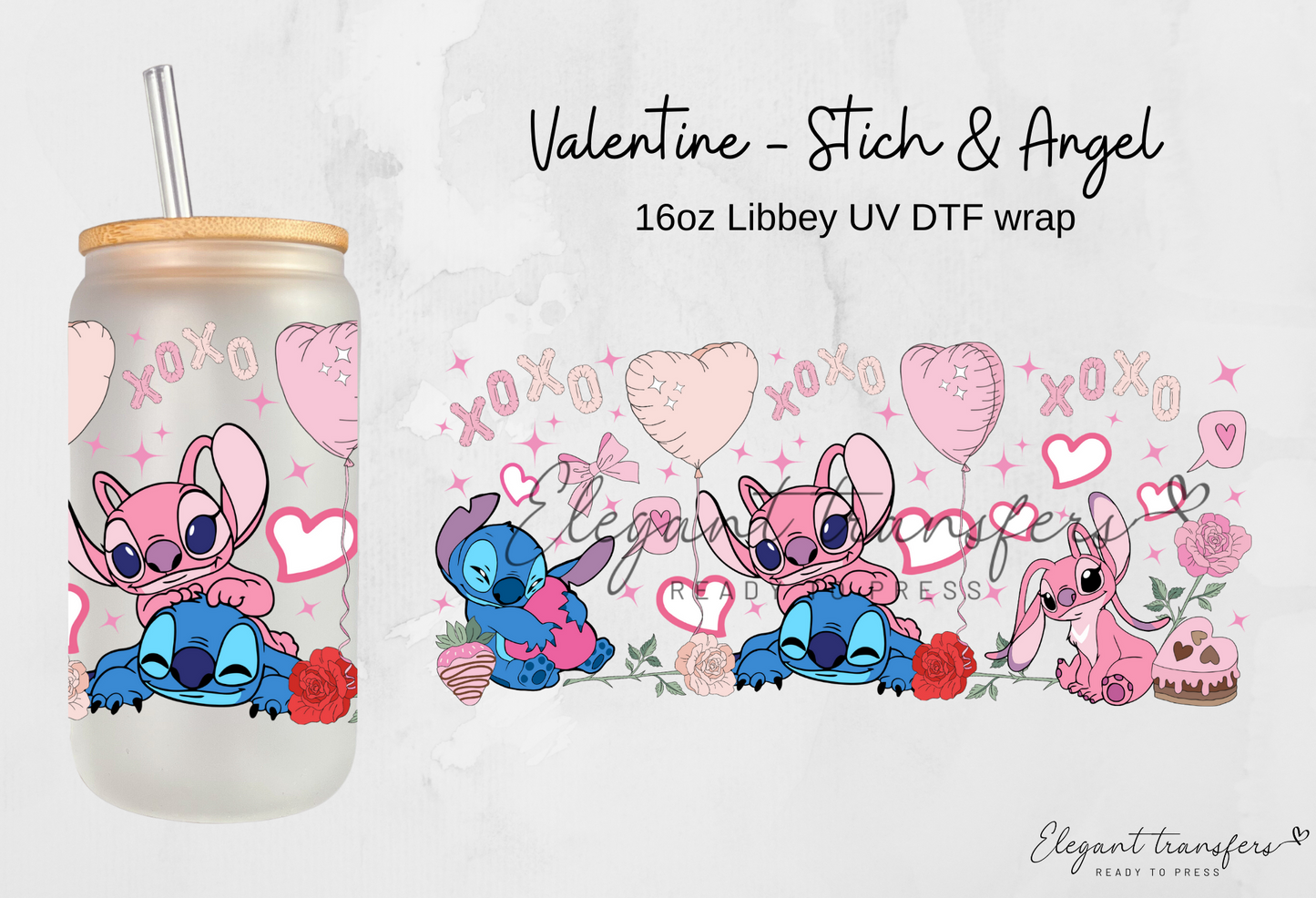 Valentine - Stitch & Angel wrap [UV DTF - 16oz Libbey Glass Can] | Ready to Apply | Physical Product