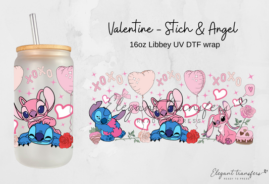 Valentine - Stitch & Angel wrap [UV DTF - 16oz Libbey Glass Can] | Ready to Apply | Physical Product