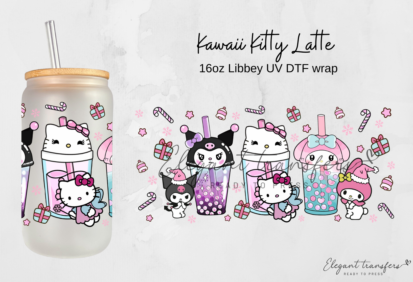 Kawaii Kitty Latte wrap [UV DTF - 16oz Libbey Glass Can] | Ready to Apply | Physical Product
