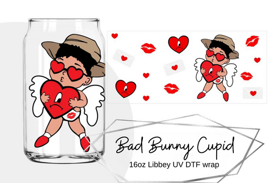 Bad Bunny Cupid Cup Wrap [UV DTF - 16oz Libbey Glass Can] | Ready to Apply | This is a Physical Product | Transfer