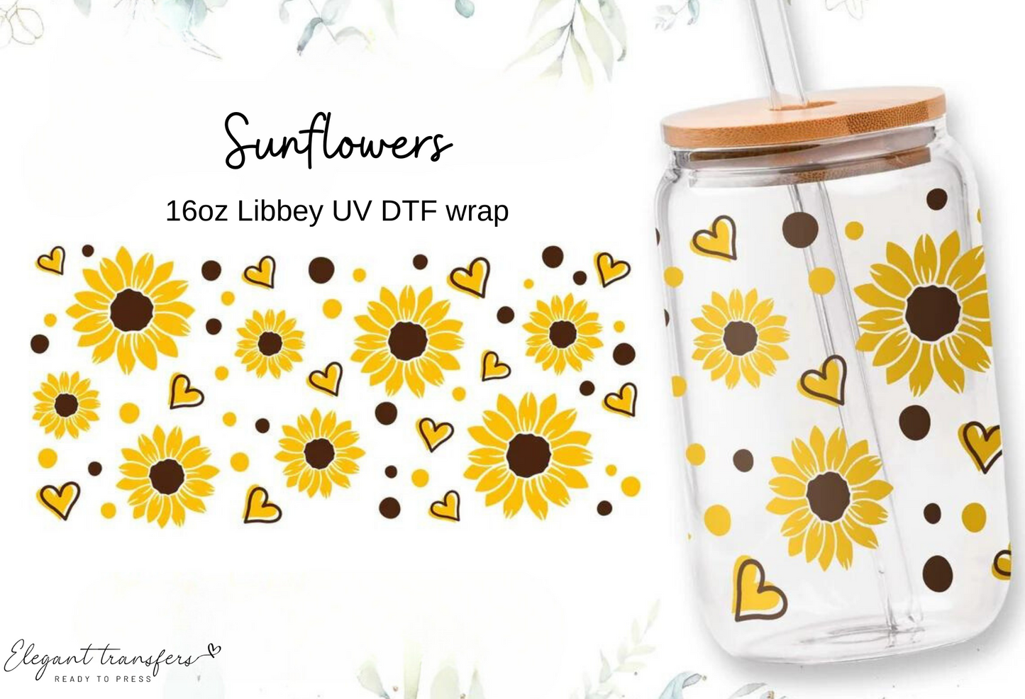 Sunflowers Cup Wrap [UV DTF - 16oz Libbey Glass Can] | Ready to Apply | This is a Physical Product | Transfer | Waterproof | Anti-scratch