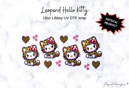 Leopard Hello Kitty Wrap [UV DTF - 16oz Libbey Glass Can] | Ready to Apply | Physical Product | Transfer