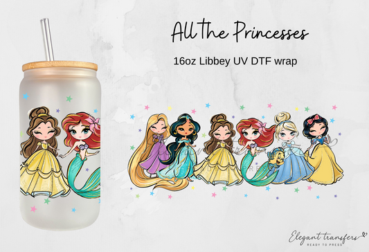 All the Princesses Cup Wrap [UV DTF - 16oz Libbey Glass Can] | Ready to Apply | Physical Product | Transfer